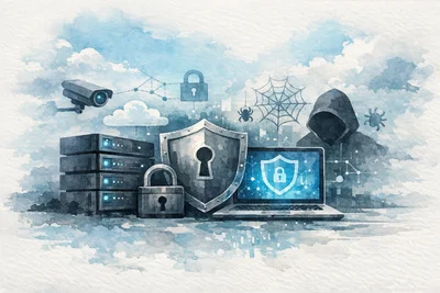 Illustrated diagram showing multiple security layers protecting a web server from online threats