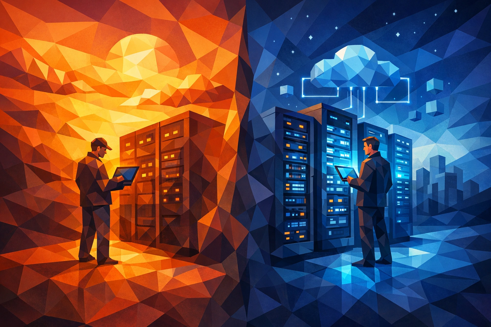 Server rack in a data center with blue lighting, representing managed hosting infrastructure