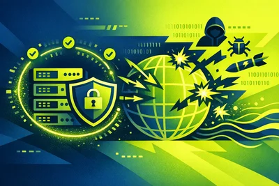 Visualization of HTTP request traffic flowing through DDoS protection and WAF security layers in a hosting environment